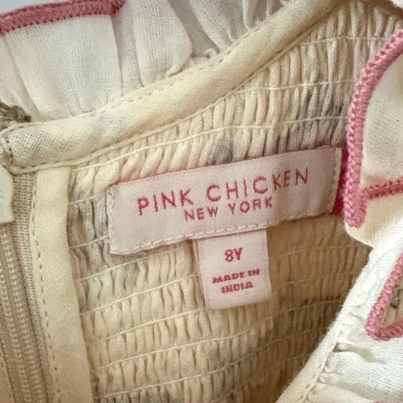 Pink Chicken Cream Fish-Print Smocked Ruffle Dress with Pink Trim - Picture 2 of 3